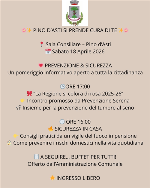 "Pino d'Asti si prende cura di te" - Giornata di prevenzione - Sabato 18 Aprile 2026