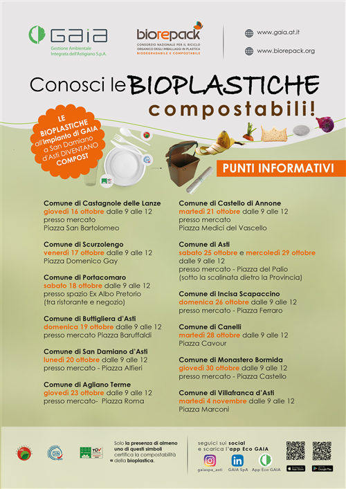 Calendario punti informativi per la campagna informativa di Gaia e Biorepack: Conosci le Bioplastiche!